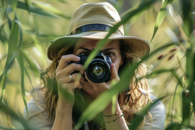 A woman rather in hat looking into the camera lens