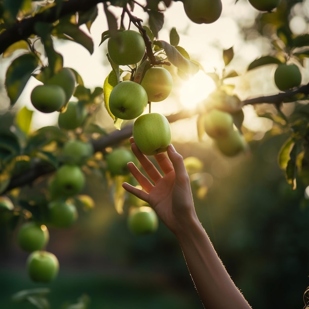 Photo a woman reaching for the green apples in the sun