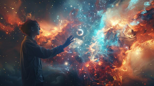 Woman Reaching for the Stars in a Colorful Nebula