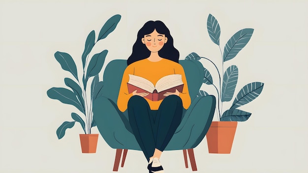 Photo woman reading book in an armchair surrounded by plants