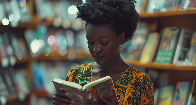 woman reading a book in a bookstore