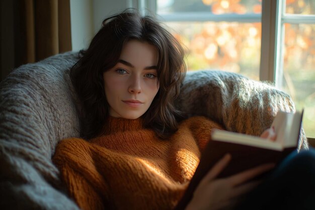 Photo woman reading book by the window