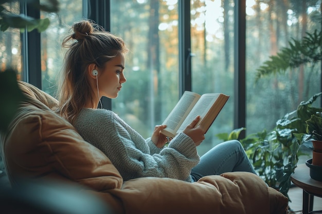 Photo woman reading a book by the window