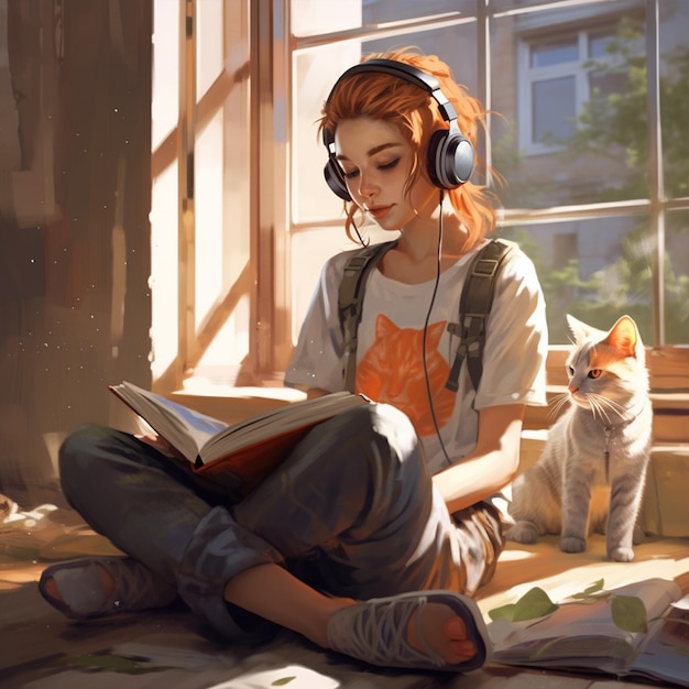 A woman reading a book next to a cat.