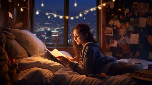 Photo a woman reading a book in her bed at night