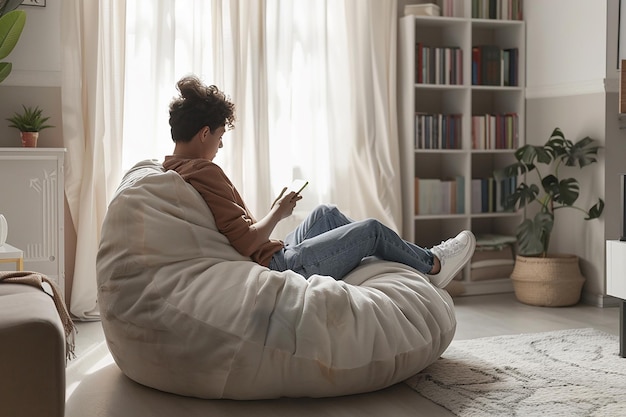 Photo a woman reading a book in a living room