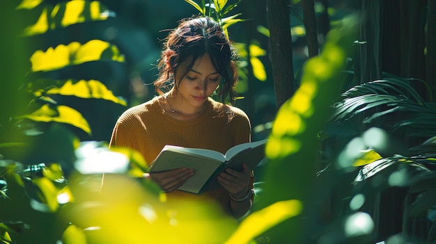 Photo woman reading book in nature green foliage tranquility sunlight