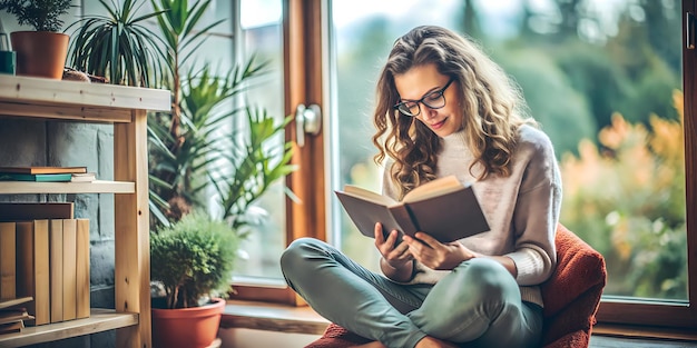 Woman Reading a Book Outdoors in a Sunlit Forest During Golden Hour