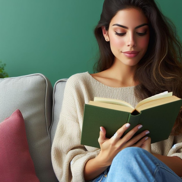 woman reading a book sitting on a sofa