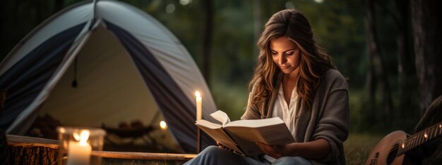 Woman reading a book sitting in the tent near the fire