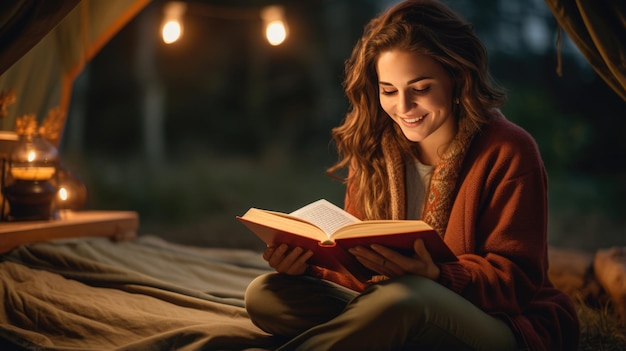 Woman reading a book sitting in the tent near the fire