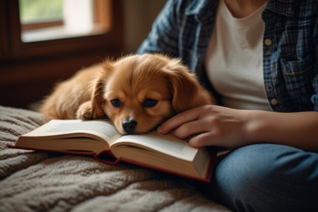 Photo woman reading book on sofa with her pet