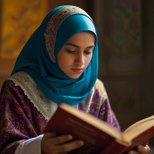 a woman reading a book with a blue and purple cover