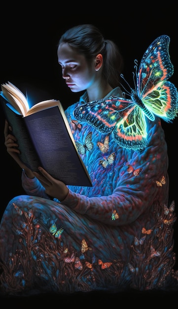 A woman reading a book with a butterfly on the cover.