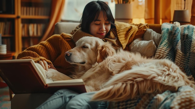 Photo woman reading a book with her golden retriever on a couch