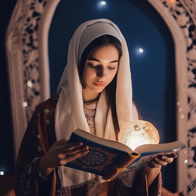 A woman reading a book with a moon on the cover