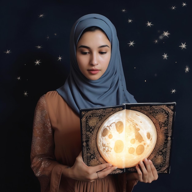 A woman reading a book with a moon on it.