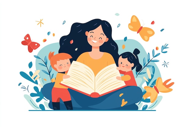 a woman reading a book with two children reading a book