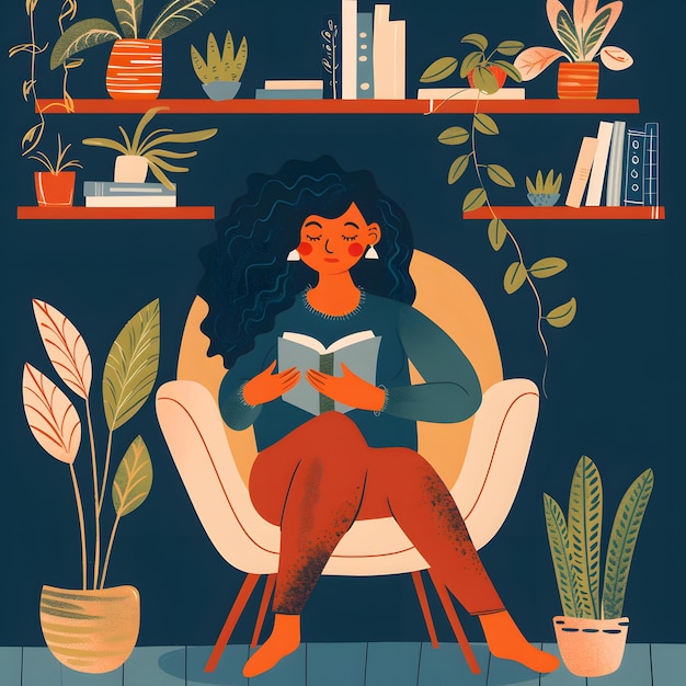 Photo woman reading in a comfortable chair surrounded by plants and books