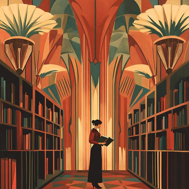 Photo woman reading in a geometric library interior