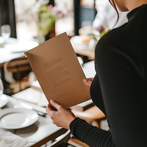 Photo woman reading a menu in a restaurant