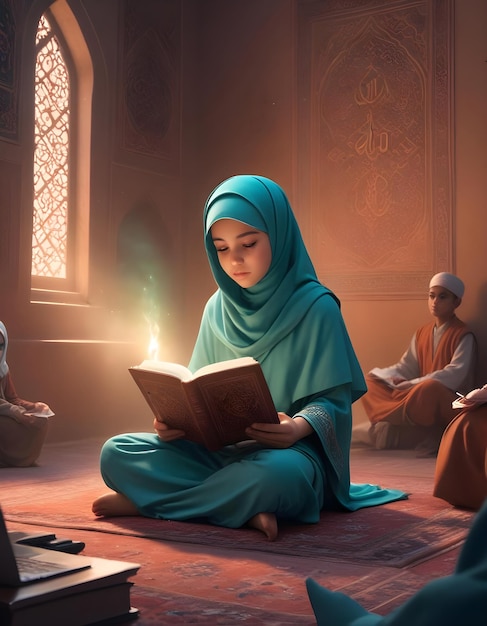 Photo a woman reading a quran in a room with a fire in the background