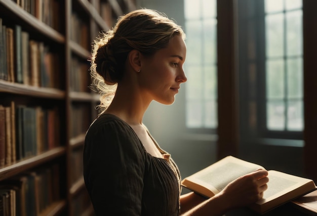 A woman reads a book in a sunlit library tranquility and the pursuit of knowledge highlighted