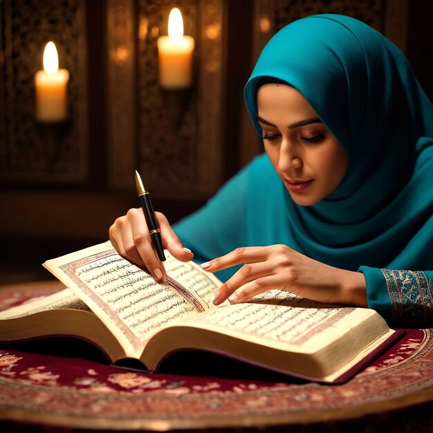 Photo a woman reads a book with the word holy on it