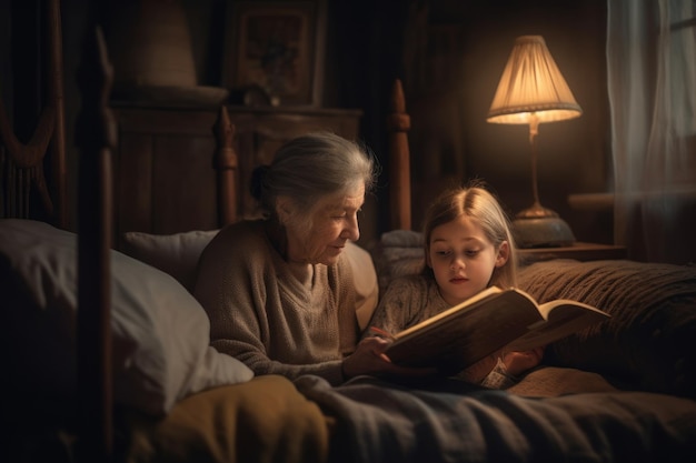 A woman reads a book to a young girl in a dark room.