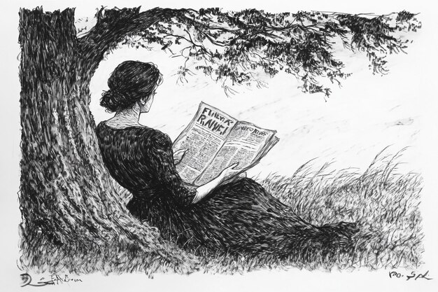 Photo a woman reads the newspaper under a tree