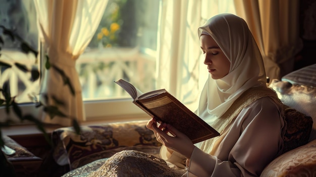 Photo woman reads the quran at home sitting comfortably on a sofa with a serene expression room is quiet and peaceful filled with the soft glow of natural light