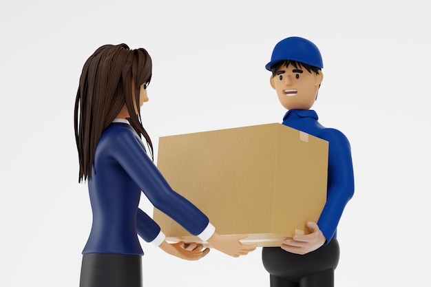 Woman received parcel box from delivery man shipment service and mail delivery courier concept 3D rendering