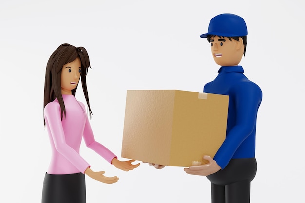 Woman received parcel box from delivery man shipment service and mail delivery courier concept 3D rendering