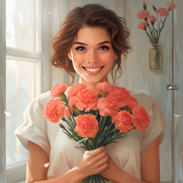 A woman receives a bouquet of pink carnations her smile radiating appreciation and gratitude