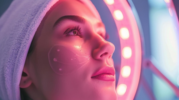 Photo a woman receives red light therapy with her eyes closed and a pink glow on her face