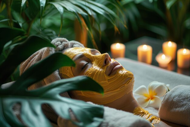 Photo a woman receives a relaxing spa treatment with a durian face mask and candles in the background