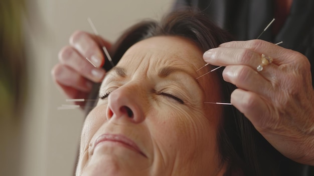 A woman receiving acupuncture therapy for pain relief