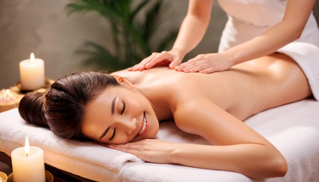 Woman receiving back massage in spa