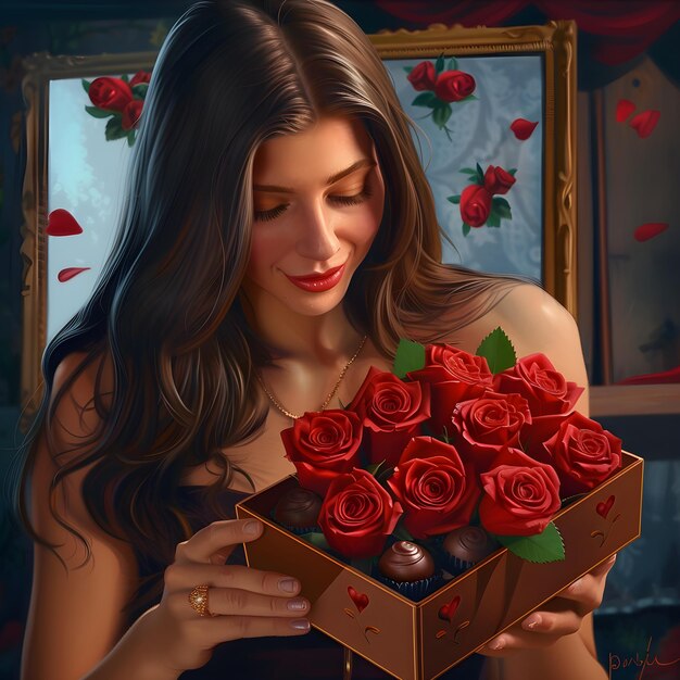 Woman receiving a box of gourmet chocolates and a bouquet of red roses