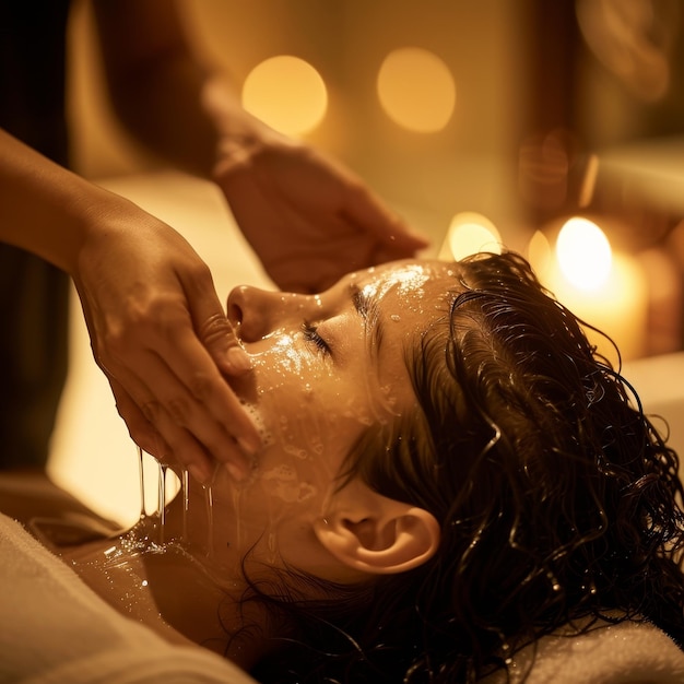 Woman Receiving Facial Massage at Spa A client getting a relaxing scalp massage during their shampoo treatment with soft lighting and calming music playing in the background