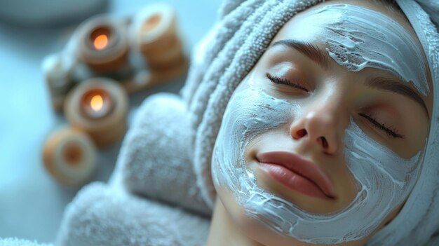 Photo woman receiving facial treatment with face mask and candles