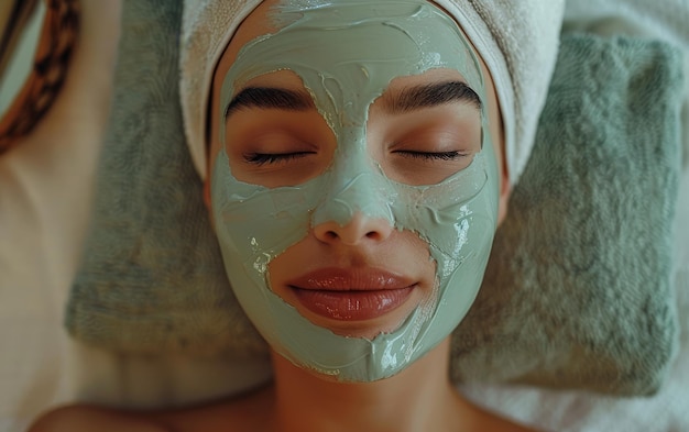 Woman Receiving Facial Treatment With Green Clay Mask