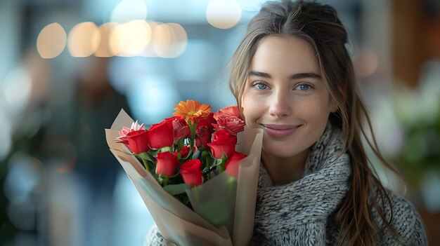 Photo woman receiving flowers from her colleagues in the office on womens day