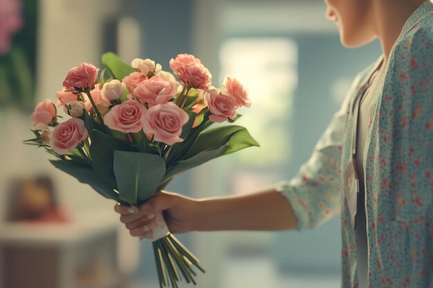 Woman receiving flowers from loved ones after comp