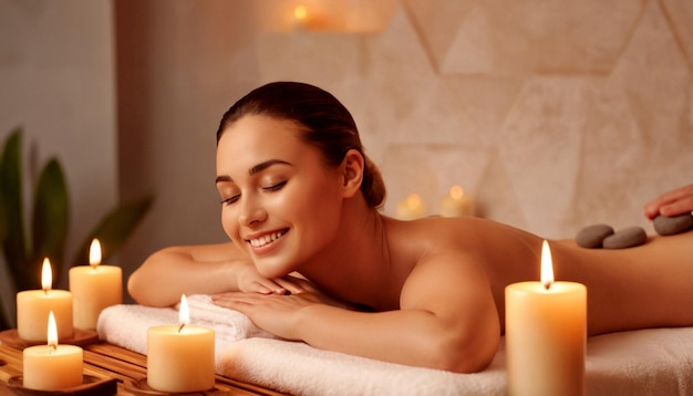 Woman receiving hot stone massage in spa