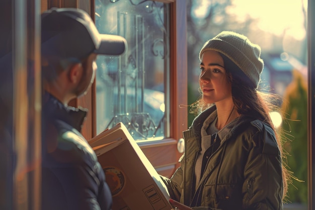 Woman receiving parcel from delivery man at the door