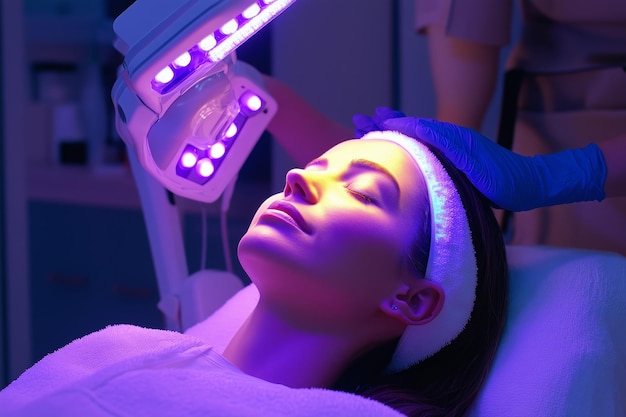 Photo a woman receiving a relaxing facial treatment under purple led lights at a skincare clinic