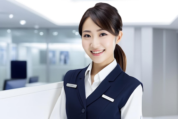 woman receptionist smile navy and white outfit