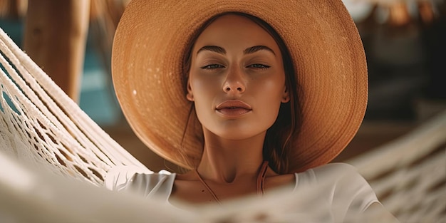 woman reclining in hammock with hat on in the style of beach portraits