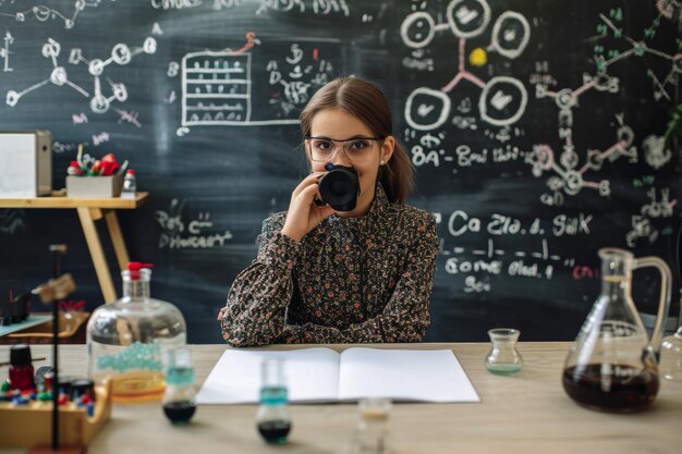 Photo woman recording chemistry lesson during coronavirus pandemic female teacher sitting at desk in front